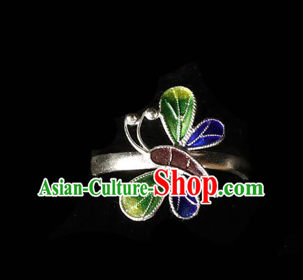 Handmade Chinese Traditional Cloisonne Butterfly Ring Jewelry Silver Circlet Accessories