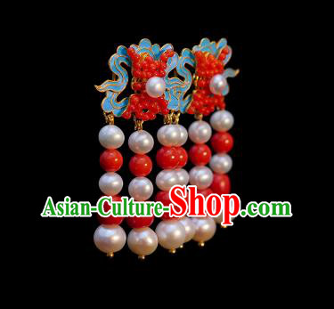 Chinese Qing Dynasty Queen Ear Accessories Ancient Empress Pearls Earrings