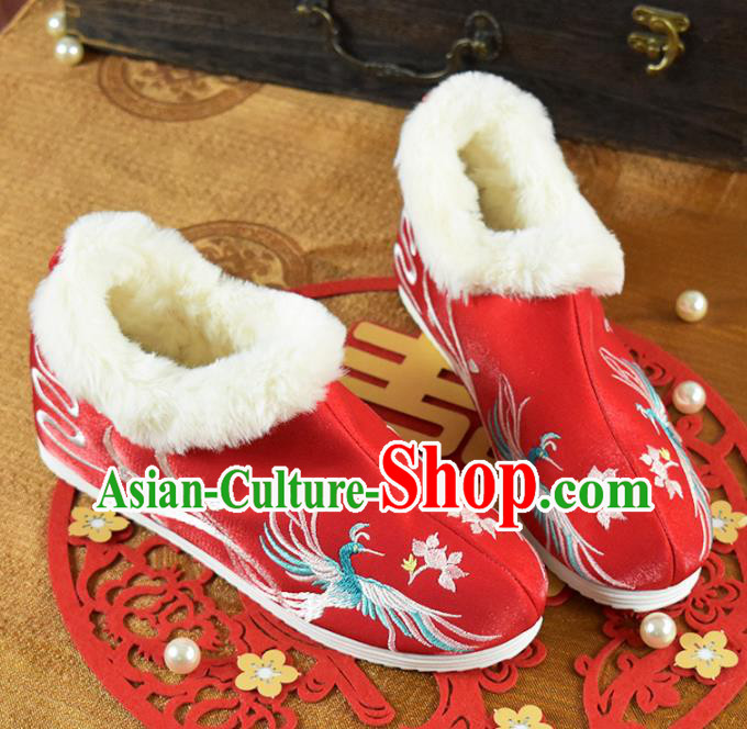 China National Embroidered Phoenix Shoes Red Cloth Shoes Traditional Wedding Shoes