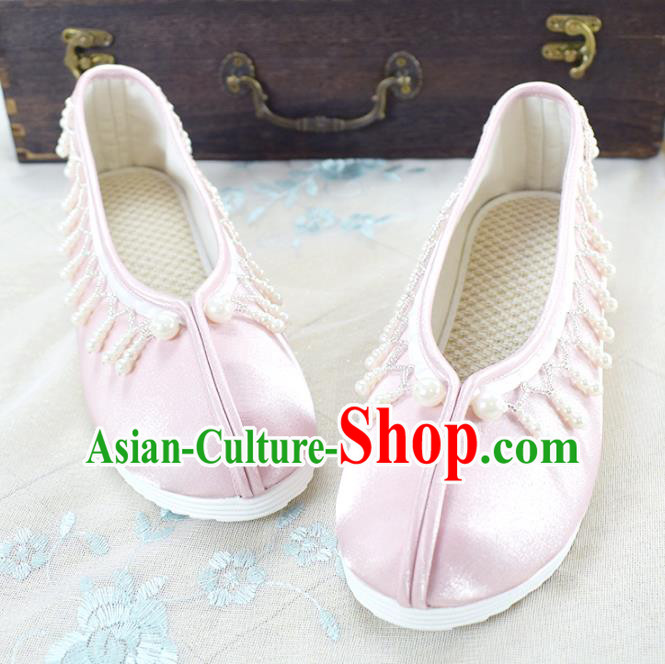 China Traditional Hanfu Shoes Pink Satin Shoes National Women Shoes