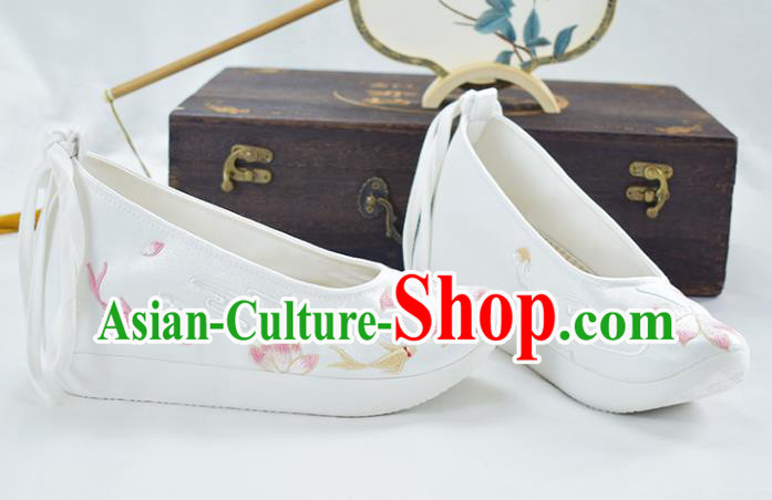 China Women White Satin Shoes Traditional Embroidered Lotus Shoes National Shoes