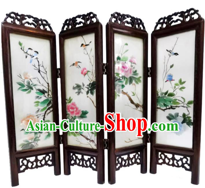 Chinese Embroidery Peony Birds Desk Ornaments Handmade Rosewood Folding Screen