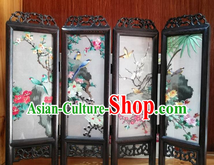 Chinese Handmade Rosewood Carving Folding Screen Embroidery Flowers Birds Desk Ornaments