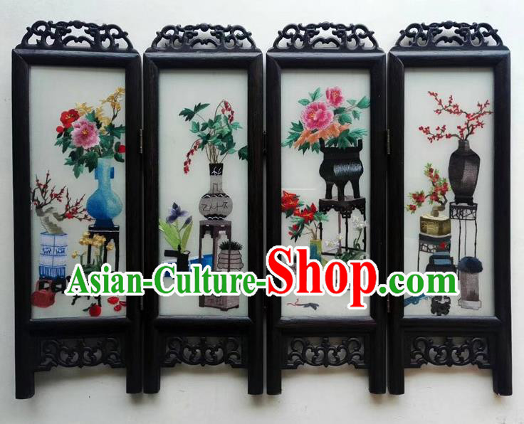 Chinese Handmade Wenge Folding Screen Suzhou Embroidery Flowers Vase Table Screen