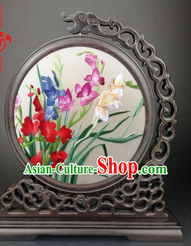 China Traditional Suzhou Embroidery Craft Handmade Embroidered Orchids Wenge Table Screen