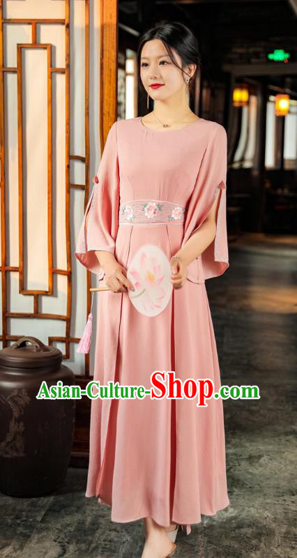 Chinese Traditional Qipao Dress National Embroidered Pink Dress Clothing