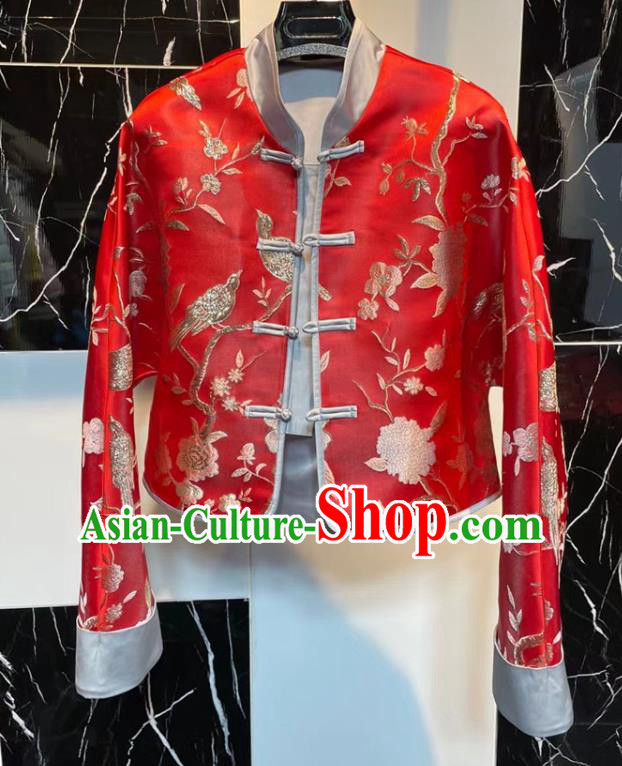 China Traditional Tang Suit Overcoat Woman Embroidered Red Brocade Jacket