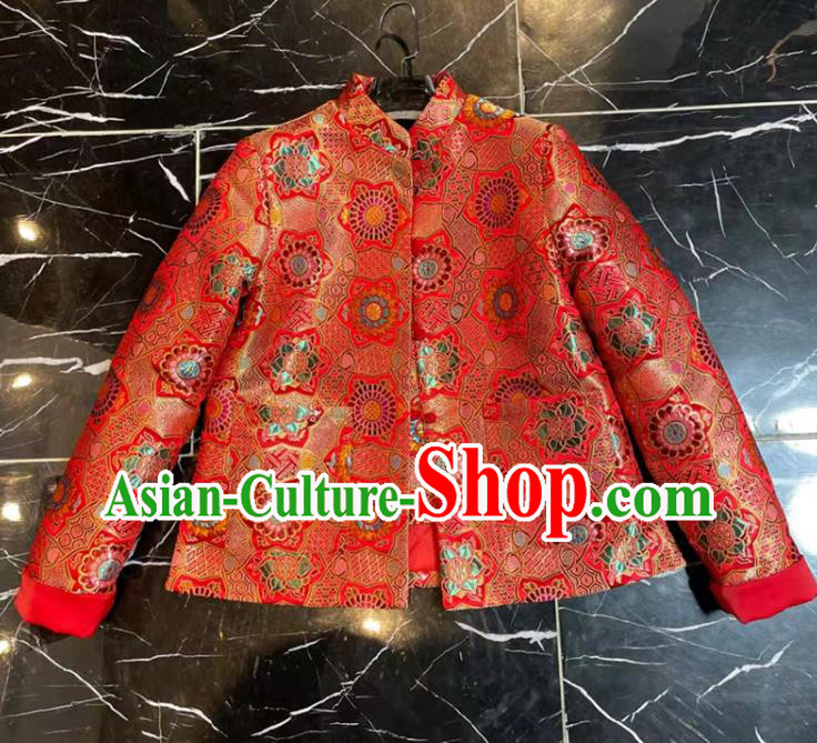 China Woman New Year Red Brocade Jacket Traditional Tang Suit Overcoat