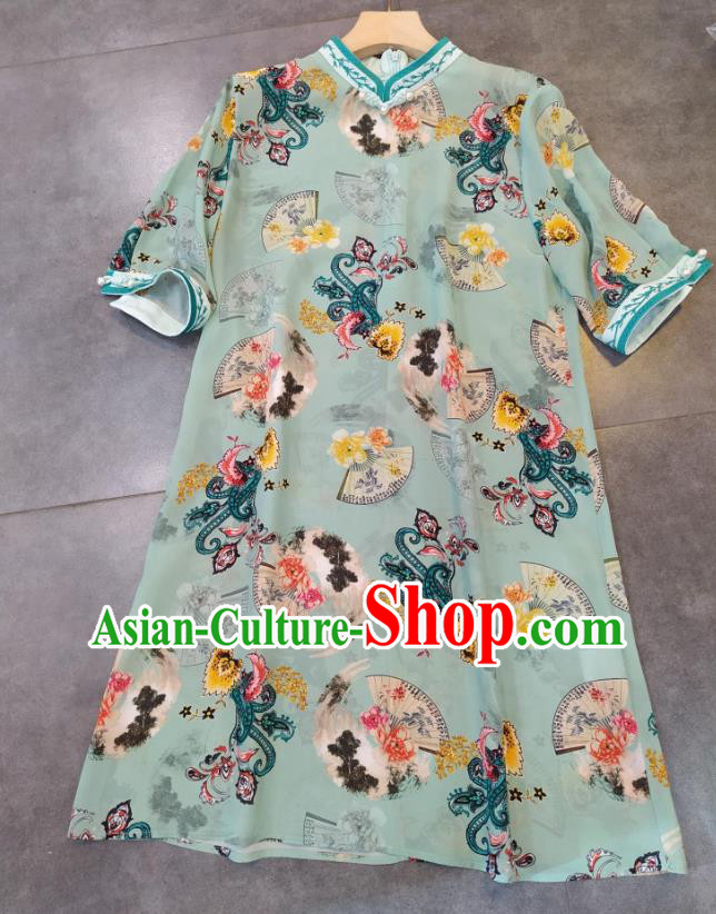 Chinese Classical Qipao Dress National Women Clothing Traditional Printing Green Cheongsam