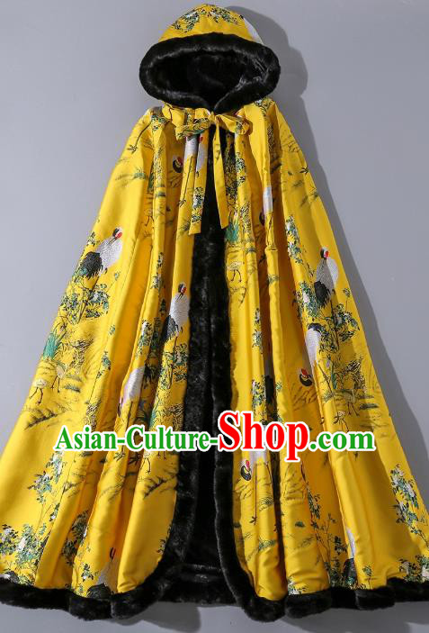 China Classical Winter Costume Traditional Tang Suit Yellow Silk Long Cloak