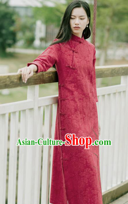 China National Young Lady Qipao Dress Clothing Traditional Red Flax Cheongsam