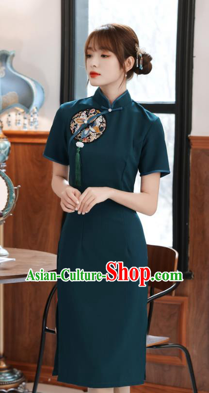 Chinese Traditional Retro Short Cheongsam Classical Peacock Green Qipao Dress