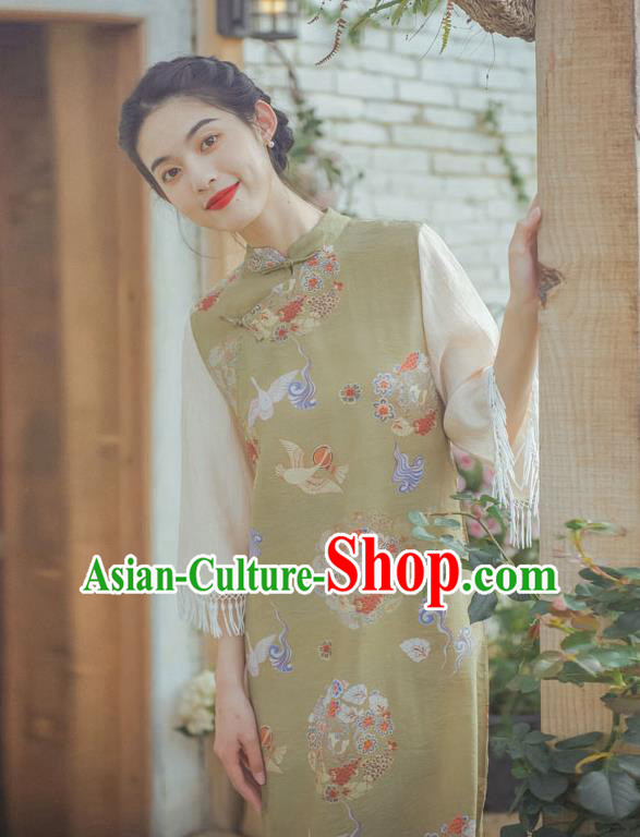 Chinese National Light Green Qipao Dress Traditional Wide Sleeve Cheongsam Clothing