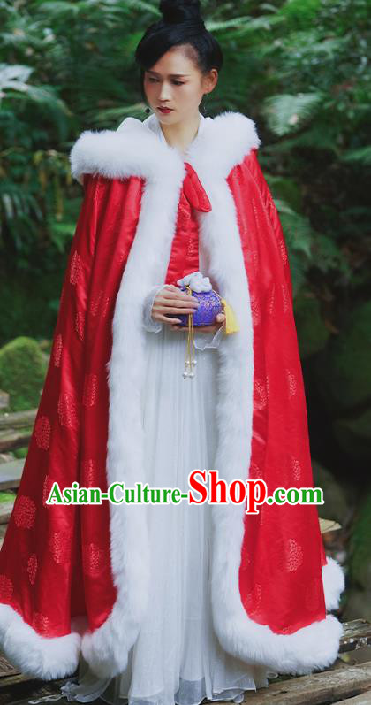 Chinese Traditional Winter Red Satin Long Cape Ancient Princess Cloak Clothing