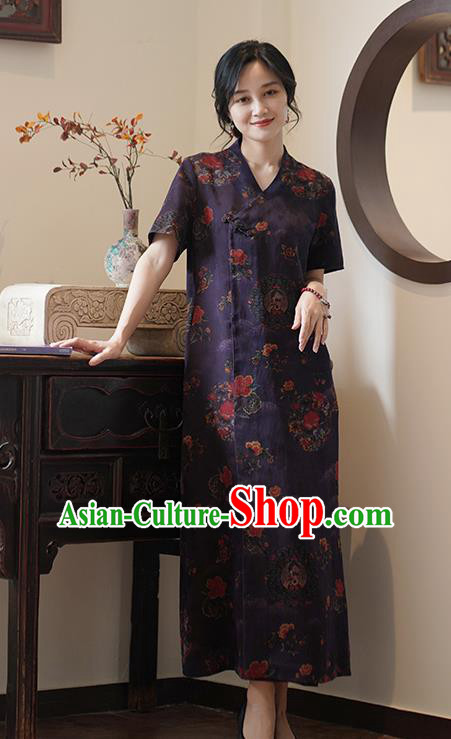 China Classical Purple Silk Cheongsam Dress National Slant Opening Long Qipao