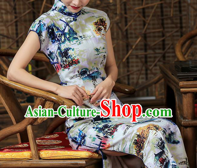 Chinese Traditional Printing Landscape Cheongsam Clothing Classical White Flax Qipao Dress