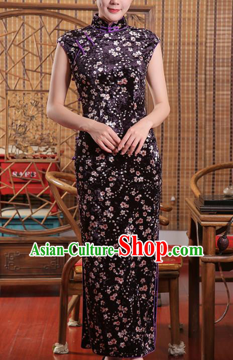 Chinese Traditional Shanghai Beauty Cheongsam Clothing Classical Purple Pleuche Qipao Dress