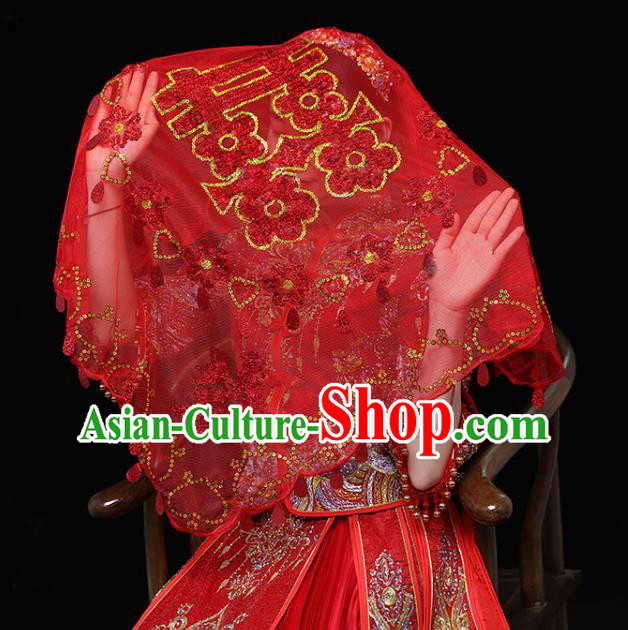 China Red Bridal Veil Kerchief Traditional Wedding Xiuhe Suit Embroidered Headdress