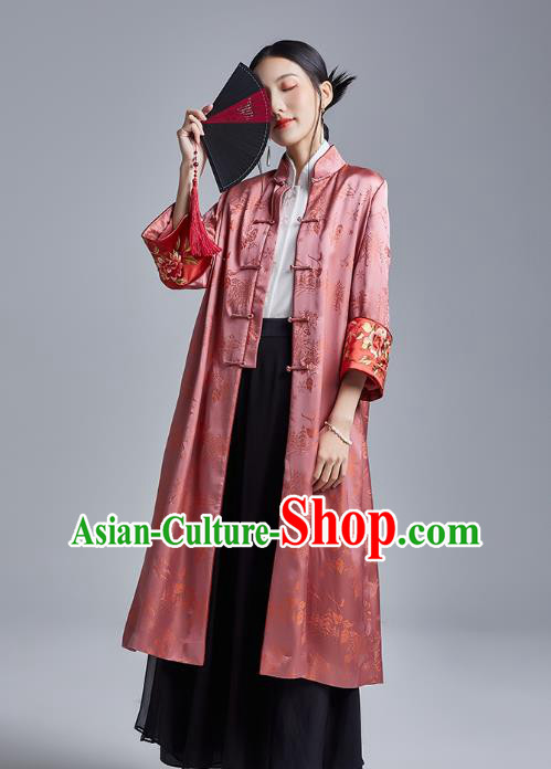 Chinese Traditional Tang Suit Overcoat National Embroidered Pink Brocade Dust Coat