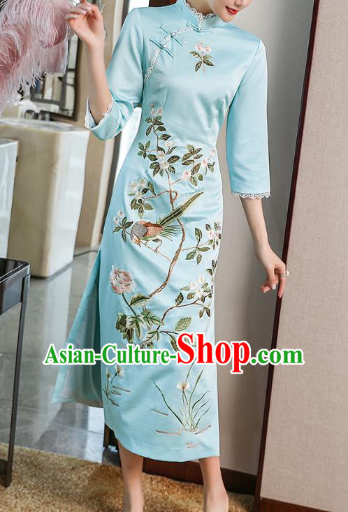 Chinese Traditional Tang Suit Cheongsam Costume Embroidered Blue Satin Qipao Dress