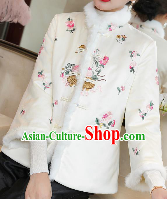 Chinese Winter Tang Suit Overcoat Traditional Embroidered White Cotton Wadded Jacket