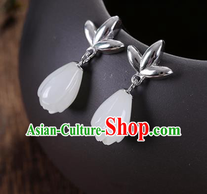 China Handmade Silver Earrings Traditional Cheongsam Jade Mangnolia Ear Accessories