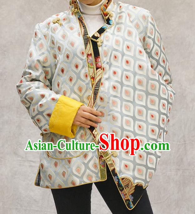 Chinese Tibetan Nationality Woman Clothing Zang Minority White Brocade Jacket