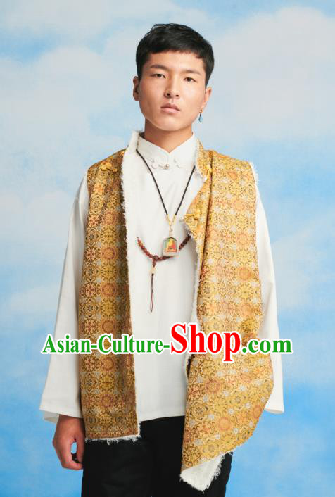 Chinese Zang Nationality Waistcoat Clothing Tibetan Ethnic Male Yellow Brocade Vest