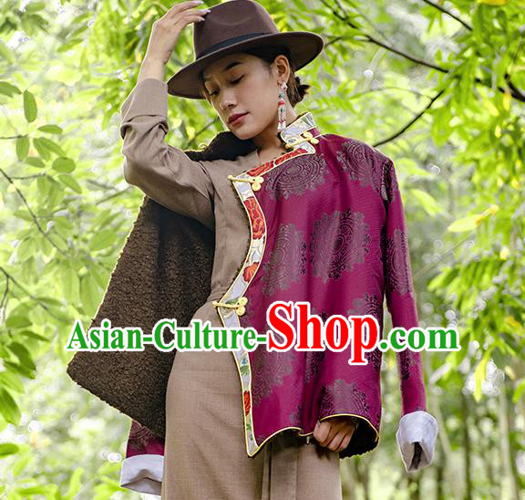 Chinese Tibetan Ethnic Purple Brocade Jacket Zang Nationality Outer Garment Clothing