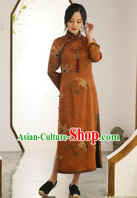 China Classical Cranes Pattern Brown Silk Qipao Dress National Printing Cheongsam