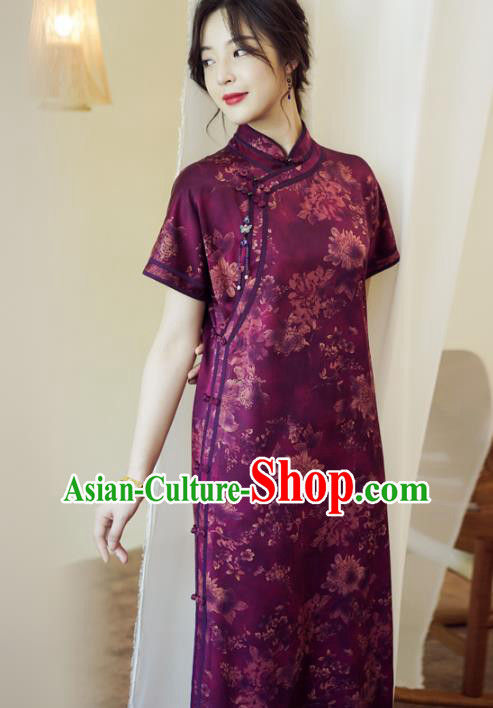 China Classical Purple Silk Qipao Dress National Printing Chrysanthemum Cheongsam