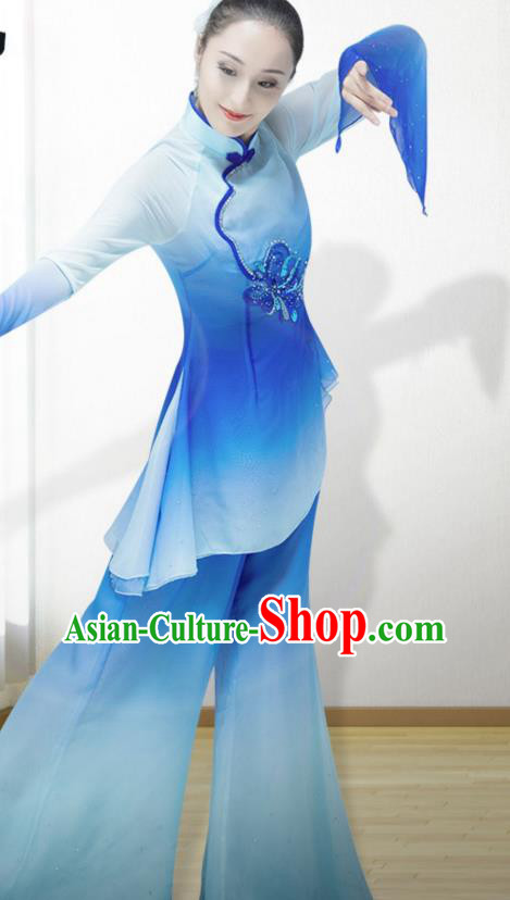 Chinese Folk Dance Blue Outfits Jiaozhou Yangko Dance Fan Dance Clothing