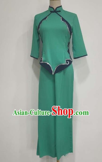 China Folk Dance Costume Fan Dance Green Outfits Yangko Dance Clothing