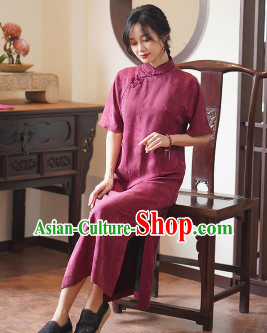 China National Cheongsam Classical Jacquard Wine Red Silk Qipao Dress