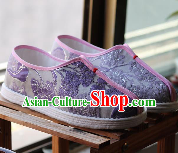 China National Folk Dance Shoes Handmade Multi Layered Lilac Cloth Shoes