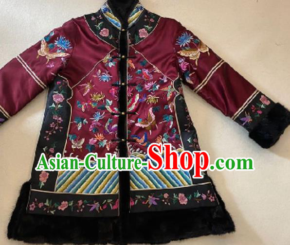 Chinese National Embroidered Butterfly Jacket Purple Silk Cotton Wadded Coat Costume