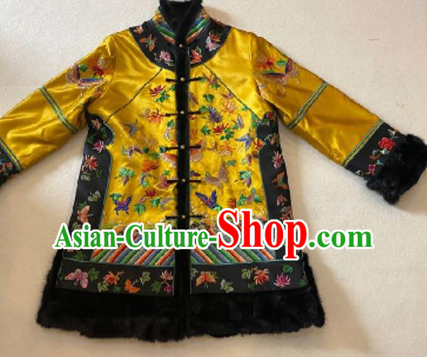 Chinese National Costume Embroidered Butterfly Jacket Yellow Silk Cotton Wadded Coat