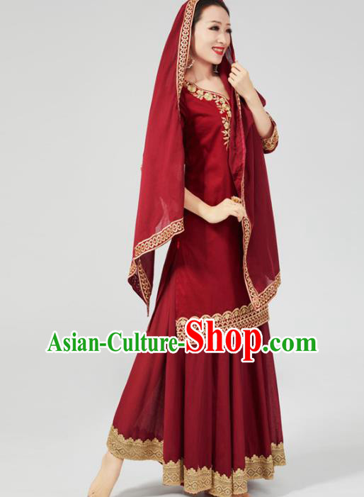 India Traditional Wine Red Punjab Clothing Asian Indian Female Dance Costumes