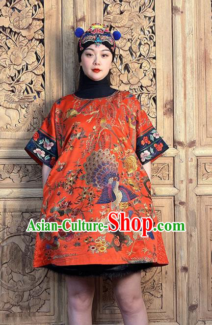 China Embroidered Red Silk Short Dress National Ethnic Girl Costume