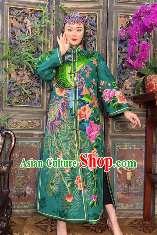 Chinese Embroidered Dust Coat Traditional Embroidered Green Silk Long Gown Clothing