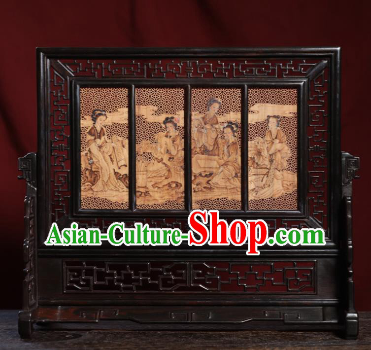 Handmade Chinese Carving Goddess Desk Screen Traditional Sandalwood Table Ornament