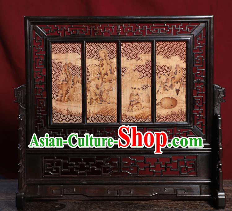 Handmade Chinese Traditional Sandalwood Table Ornament Carving Playing Boys Desk Screen