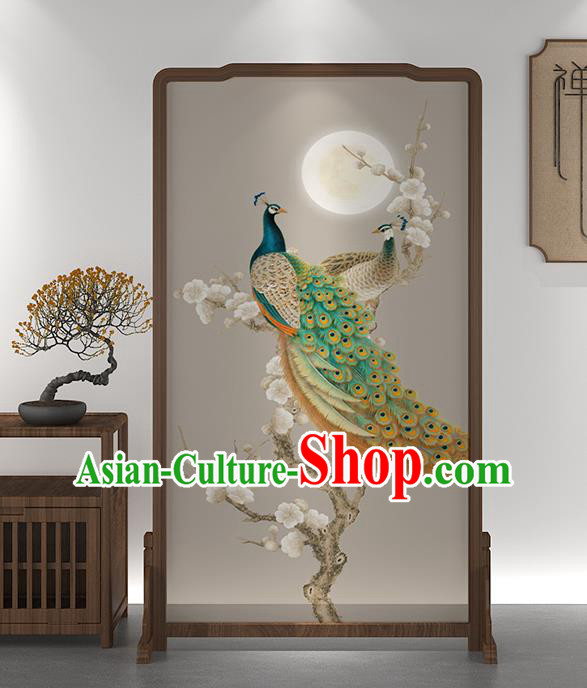 Chinese Handmade Wood Screen Printing Peacock Plum Folding Screen