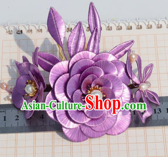 Chinese Traditional Hanfu Pearls Hair Comb Ancient Princess Lilac Camellia Hairpin