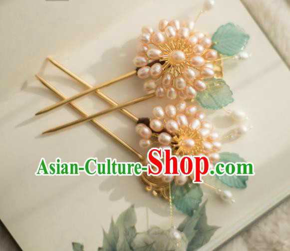 Chinese Handmade Pearls Chrysanthemum Hair Stick Ancient Ming Dynasty Princess Hairpin