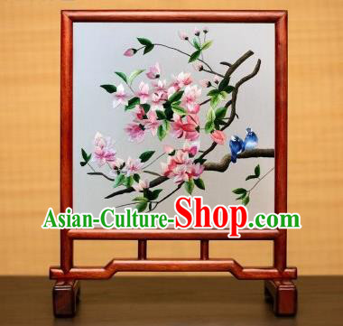 China Handmade Rosewood Table Ornament Embroidered Peach Blossom Desk Screen