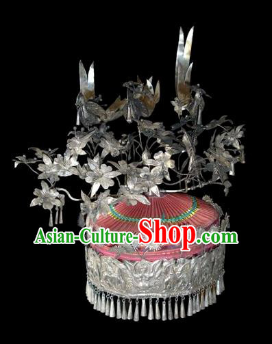 Chinese Miao Nationality Wedding Headwear Traditional Hmong Ethnic Silver Hair Crown