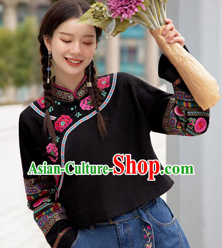 Chinese Traditional National Outer Garment Costume Tang Suit Embroidered Black Jacket