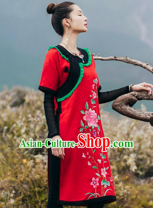 Chinese Traditional National Woman Costume Tang Suit Embroidered Red Long Shirt