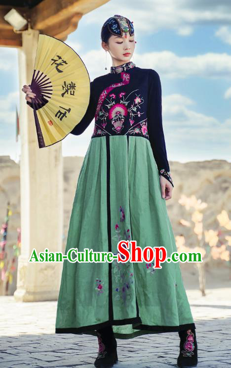 Chinese Embroidered Green Vest Dress Traditional National Cheongsam Costume